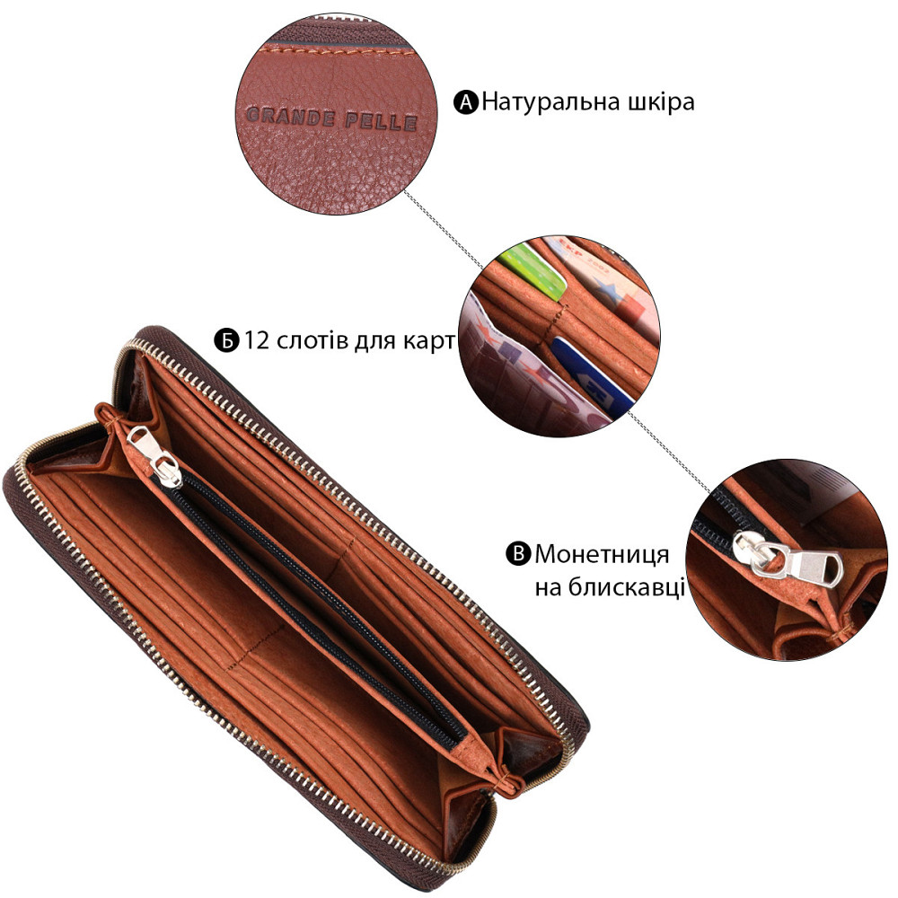 Зручний гаманець-клатч на блискавці з натуральної шкіри Коричневий (GRANDE PELLE) Київ - фото 8