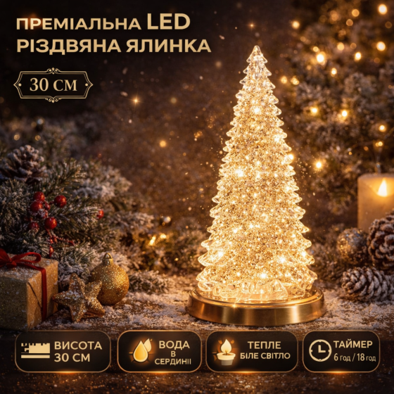 Уцінка LED декоративна новорічна ялинка 30 см з ефектом снігового вихору | Світильник на батарейках, тепле біле світло, таймер Київ