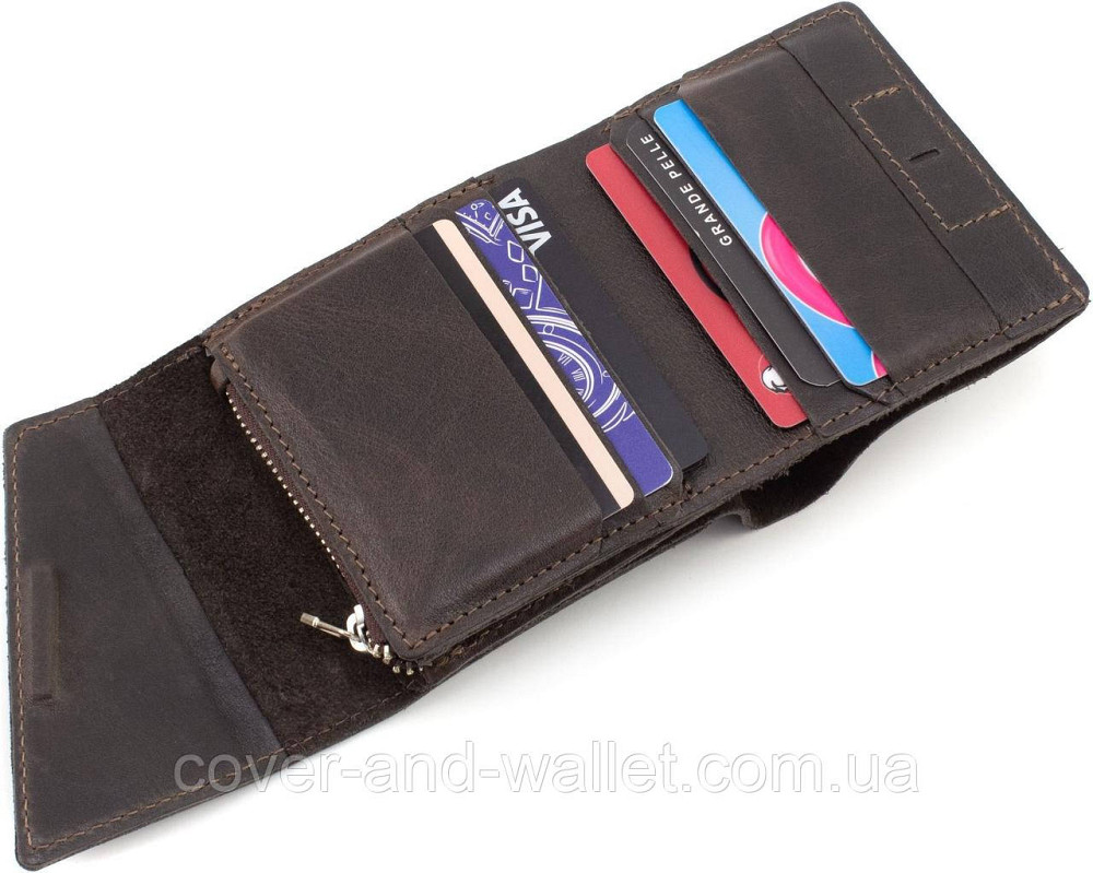 Компактный коричневый кошелёк в три сложении из итальянской кожи на магните Grande Pelle 910420 Киев - изображение 4