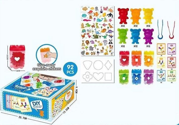 Логічна гра 92 деталі 6 кольорів гумові фігурки картки із завданнями наклейки щипці сортер (2188-590) Чернігів - фото 1