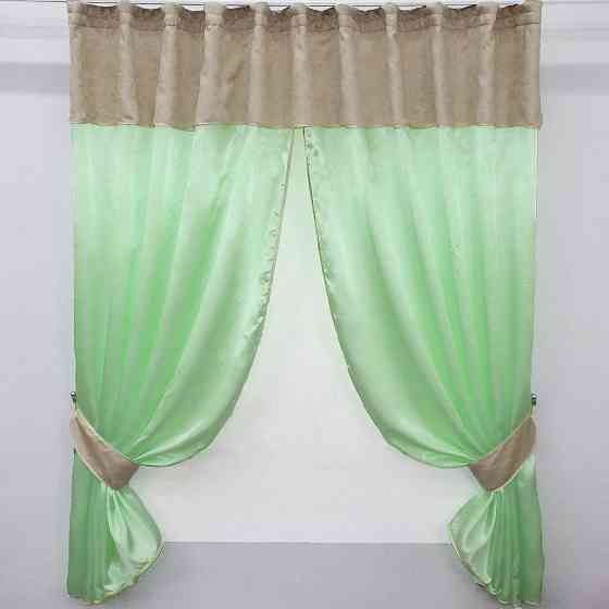 Кухонные шторы VR-Textil № 073к с ламбрекеном и подхватами салатовый с кремовымм 270х170 см (52-0270) Киев