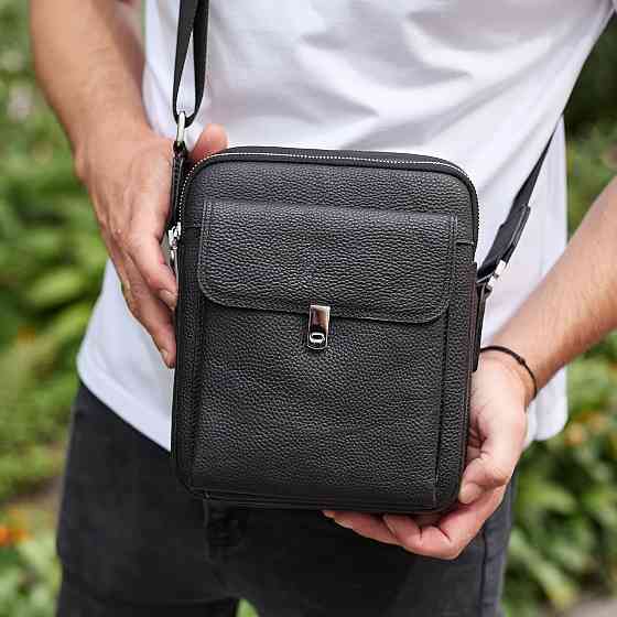 Сумка-барсетка мужская кожаная 24х20х8, компактный мессенджер для ежедневного использования, черная Киев