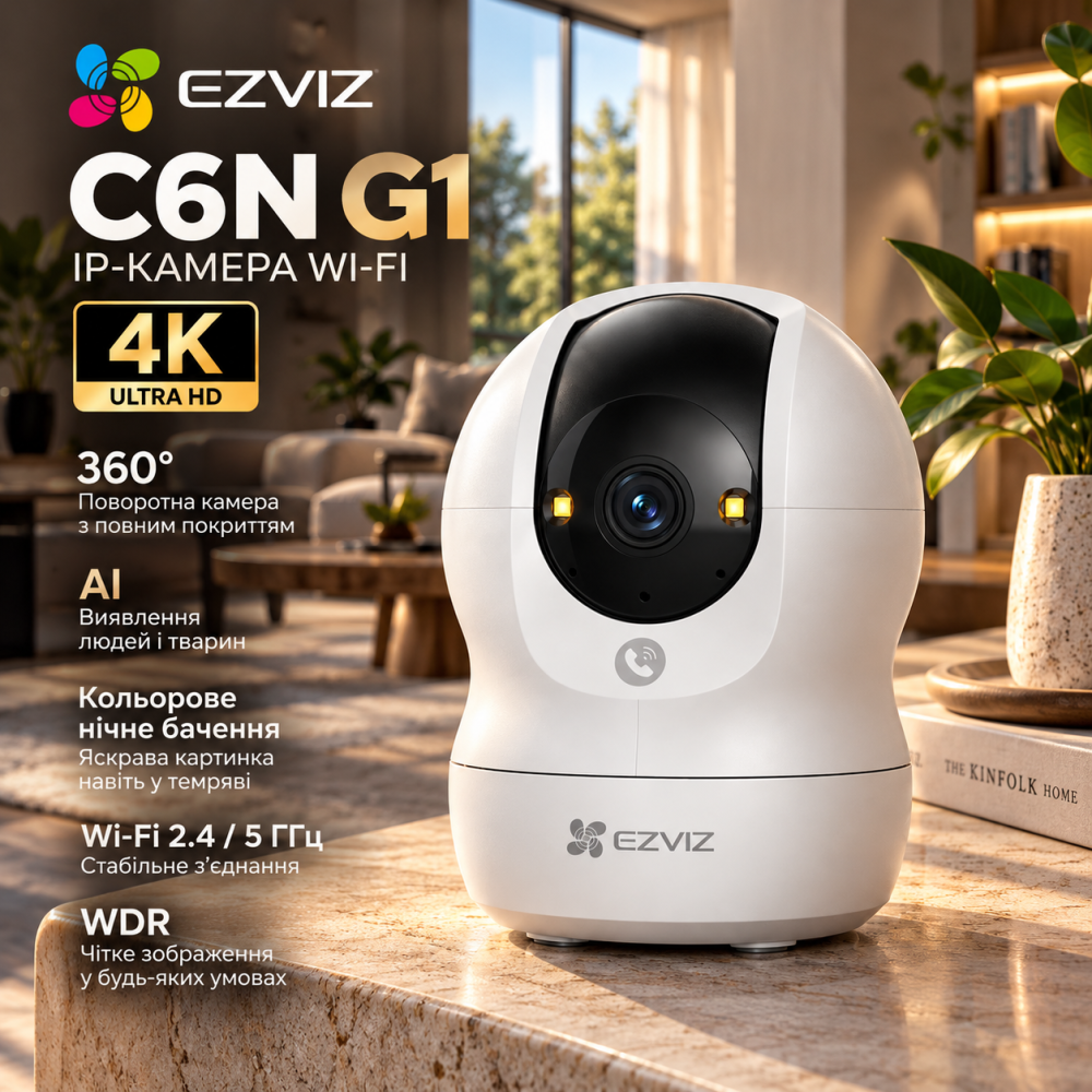 IP-камера EZVIZ C6N G1 4K Wi-Fi 2.4/5 ГГц, 360°, AI виявлення людей і тварин, кольорове нічне бачення, WDR, Alexa Київ - фото 1