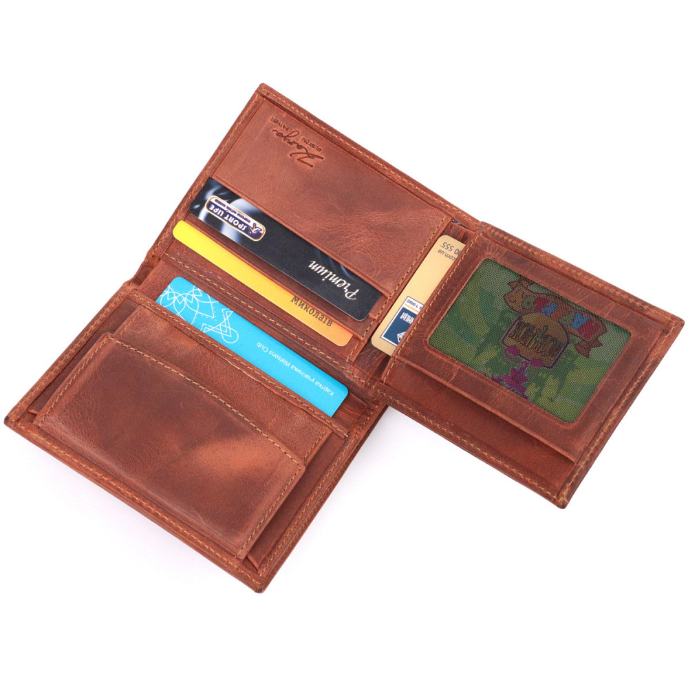 Мужское вертикальное портмоне без застежки в винтажной коже KARYA 21363 Рыжий Киев - изображение 7