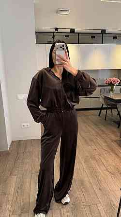 Женский стильный повседневный костюм тройка велюр плюш Шоколад, 44/46 Одесса