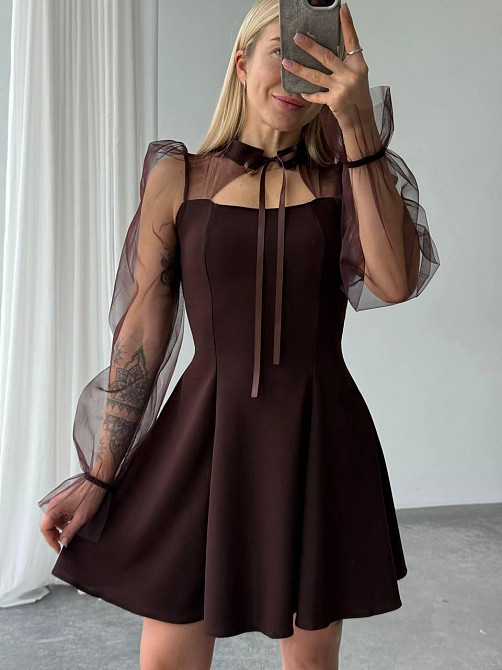 Женское нежное платье с рукавами из сеточки креп дайвинг Шоколад, 42/44 Одесса - изображение 1