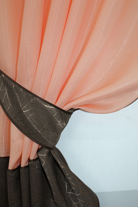 Кухонные шторы VR-Textil № 073к с ламбрекеном и подхватами персиковый с коричневым 270х170 см (52-0216) Киев - изображение 3