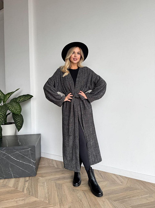 Жіночий довгий кардиган із поясом і кишенями. Чорно-білий, 42/44 Одеса - фото 2