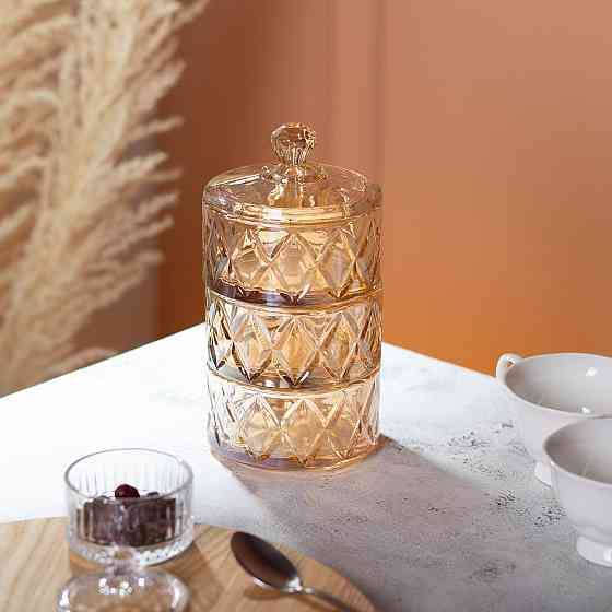 Yiwu Цукерниця трирівнева Ø 10 см скляна з кришкою коричневая HP-YH-80 Київ