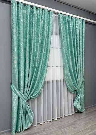 Комплект готових штор VR-Textil Льон мармур Royal Touch № 2010ш Бірюзовий 200х270 см 2 шт (32-484) Київ