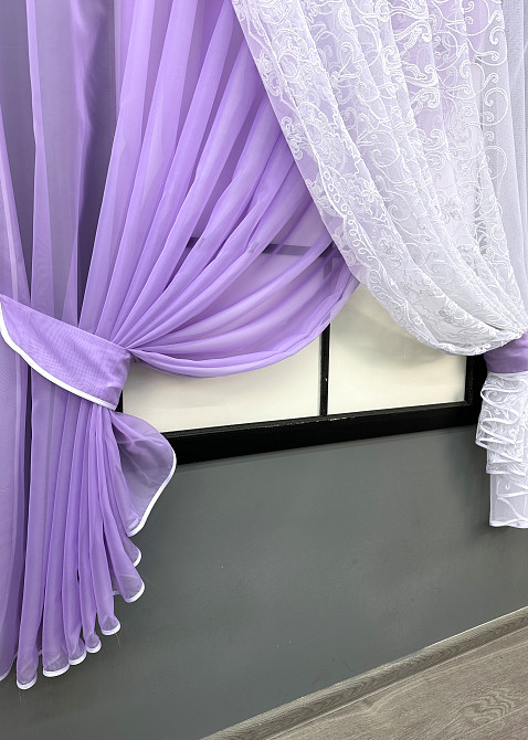 Кухонні шторки VR-Textil № 101к з підв'язками бузковий з білим 330х170 см (52-1196) Київ - фото 5