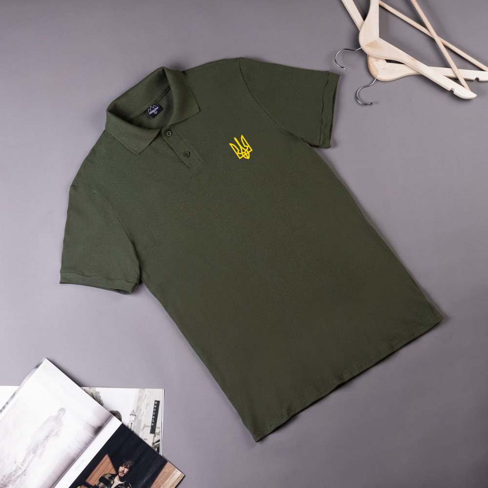 Мужская футболка поло хаки Pobedov Loft - Герб наклейка жовта Киев - изображение 1