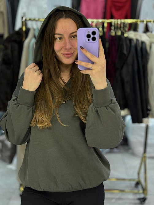 Женское теплое худи с вырезом коттоновый трикотаж на меху Хаки, 50/52 Одесса - изображение 1