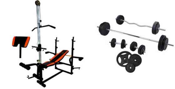 Лавка для жиму з тягою + 4 грифа + Металеві диски 65 кг Гантелі, гирі, штанги та диски набір Київ