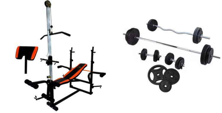 Лавка для жиму з тягою + 4 грифа + Металеві диски 65 кг Гантелі, гирі, штанги та диски набір Київ - фото 1