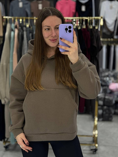 Женское теплое худи свободного кроя с накатом на спине турецкая трехнитка на флисе Мокко, 42/44 Одесса - изображение 2