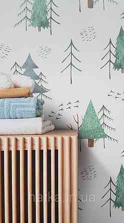 Шпалери флізелінові екологічно чисті Rasch Kids World 0.53х10 дитячі ялинки гілки зелені сірі на білому Київ