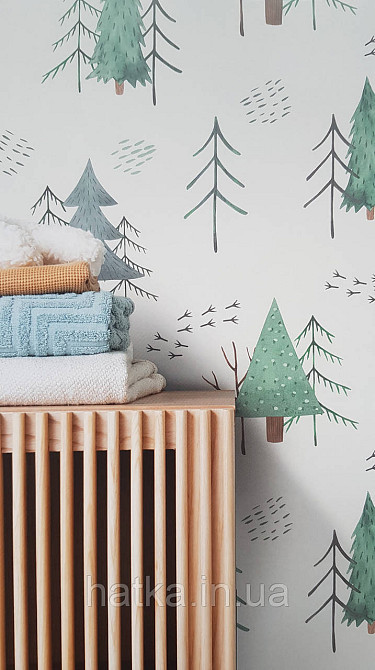 Шпалери флізелінові екологічно чисті Rasch Kids World 0.53х10 дитячі ялинки гілки зелені сірі на білому Київ - фото 1