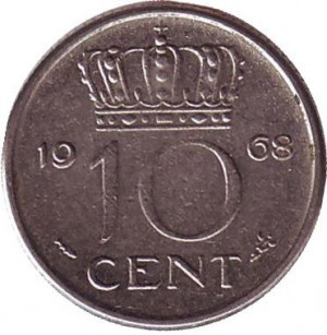 Монета 10 центів. 1968 рік, Нідерланди. Полтава - фото 1