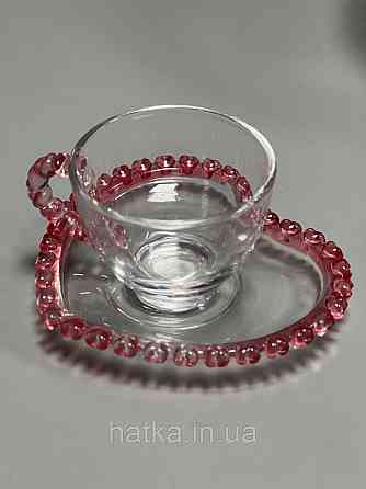 Чашка з блюдцем "Рожеве серце" для кави 100 мл, прозора з рожевим обідком у вигляді серця Київ