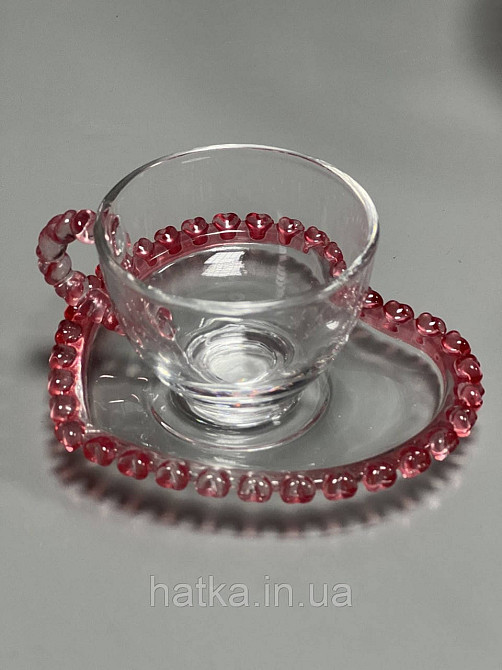Чашка з блюдцем "Рожеве серце" для кави 100 мл, прозора з рожевим обідком у вигляді серця Київ - фото 5