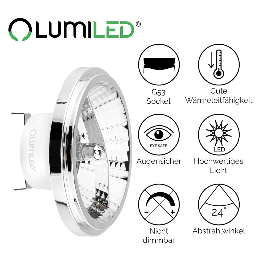 Світлодіодна лампа LED AR111 G53 Lumiled 12V 15W 1521 лм 3000K 24° теплого світла сріблястий не затемнювана Київ - фото 8