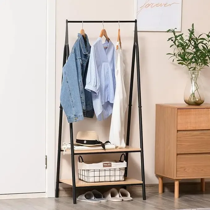 Универсальная прочная напольная передвижная стойка вешалка для одежды с деревянными полками Коломия - фото 2