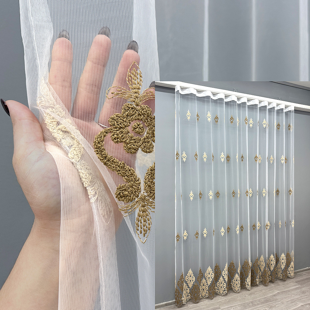 Тюль VR-Textil 1845т Фатин с объемной вышивкой Белый с бежевым и шоколадным 300х270 см (40-202) Киев - изображение 1