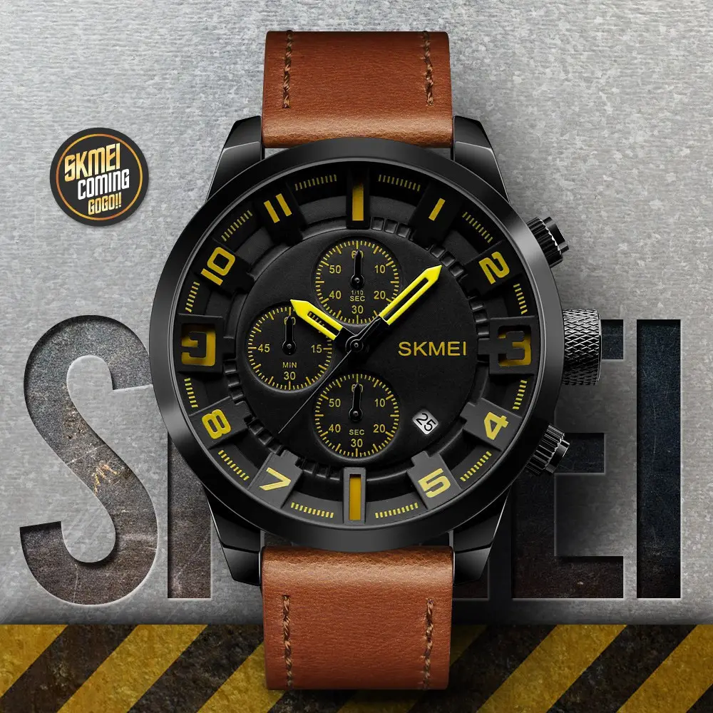 Чоловічий наручний класичний годинник Skmei 1309 (Коричневий з жовтими стрілками) Київ - фото 3