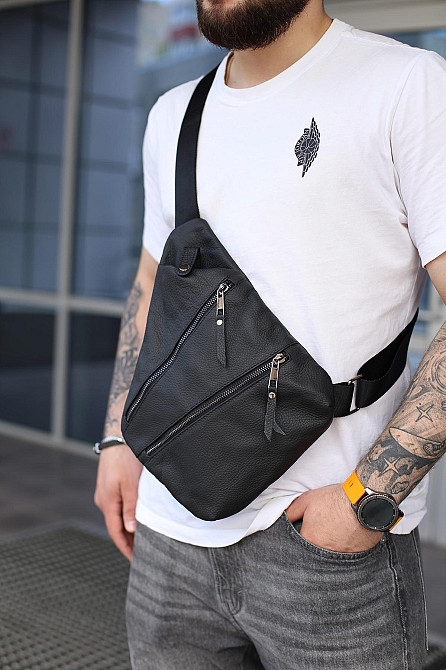 Мужская сумка из натуральной кожи, сумка через плечо SKILL Cross body (Черная) Сумы - изображение 6