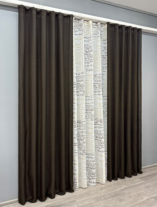 Комплект штор VR-Textil Лен Мешковина 200х270 2шт и Тюль 500х270 107ш-1790т Венге с белым 71-062/6 Киев - изображение 3