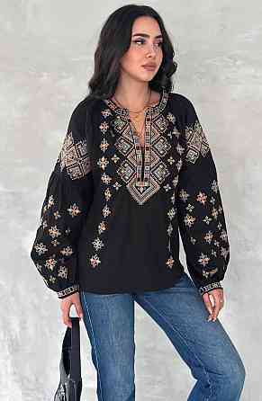 Жіноча сучасна вишиванка з об'ємним рукавом домотканий льон Чорний, 42 Одеса