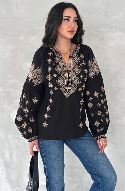 Женская современная вышиванка с объемным рукавом домотканый лен Черный, 42 Одесса - изображение 1
