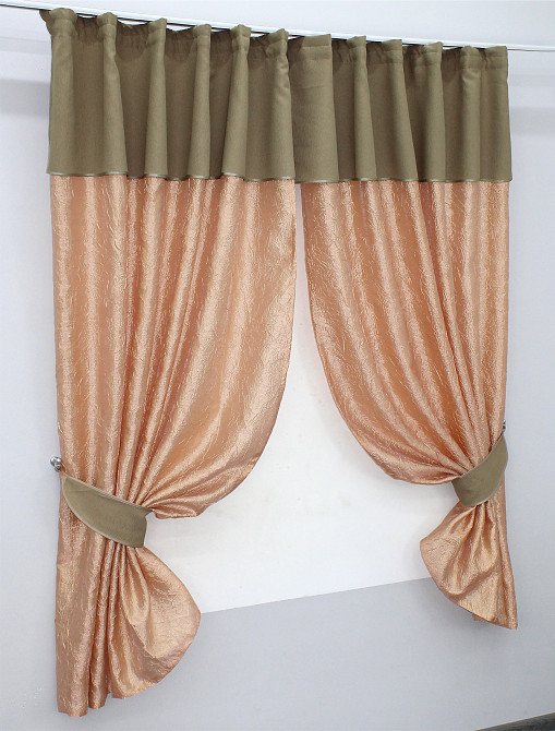 Кухонні штори VR-Textil № 073к з ламбрекеном і підхватами персиковий з світло-кавовим 285х170 см (52-0171) Київ - фото 2