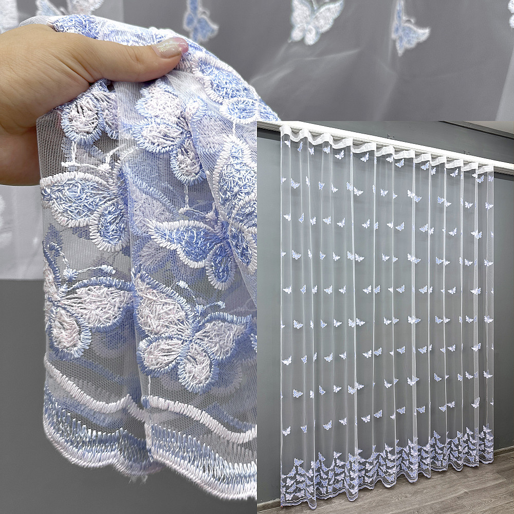 Тюль VR-Textil 1740т Фатин «Бабочки» с вышивкой и люрексом Голубой с белым 200х270 см (42-1055) Киев - изображение 1