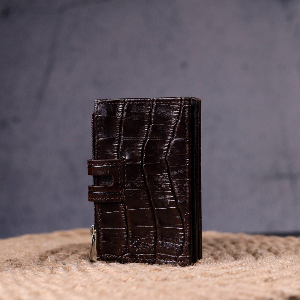 Оригінальний картхолдер із натуральної шкіри з тисненням під крокодила KARYA 21330 Коричневий Київ - фото 7