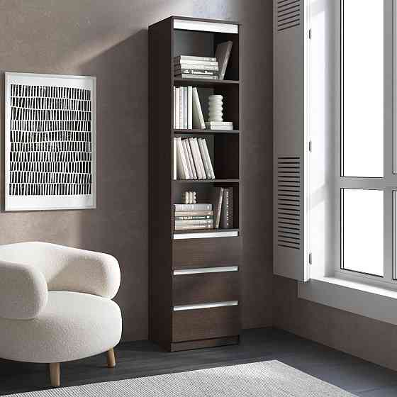 Пенал для книг VAYS R-25 Венге Темний-Білі планки, з відкритими полицями та шухлядами, без ручок, ЛДСП, 50×40×211 см - для вітальні, спальні, офісу Львів