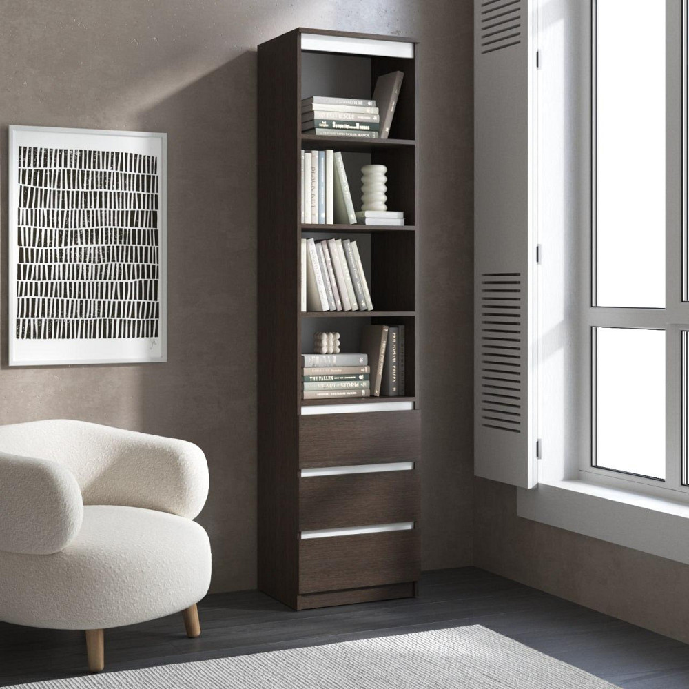 Пенал для книг VAYS R-25 Венге Темний-Білі планки, з відкритими полицями та шухлядами, без ручок, ЛДСП, 50×40×211 см - для вітальні, спальні, офісу Львів - фото 1