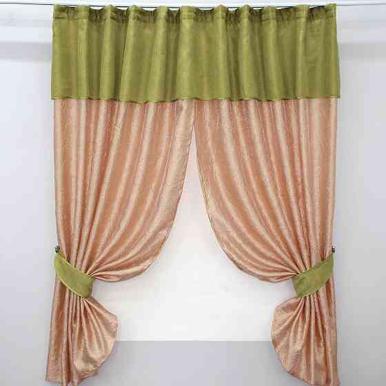 Кухонные шторы VR-Textil № 073к с ламбрекеном и подхватами персиковый с оливковым 265х170 см (52-0141) Киев