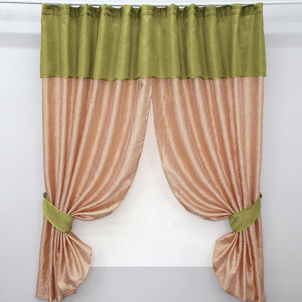 Кухонные шторы VR-Textil № 073к с ламбрекеном и подхватами персиковый с оливковым 265х170 см (52-0141) Киев - изображение 1