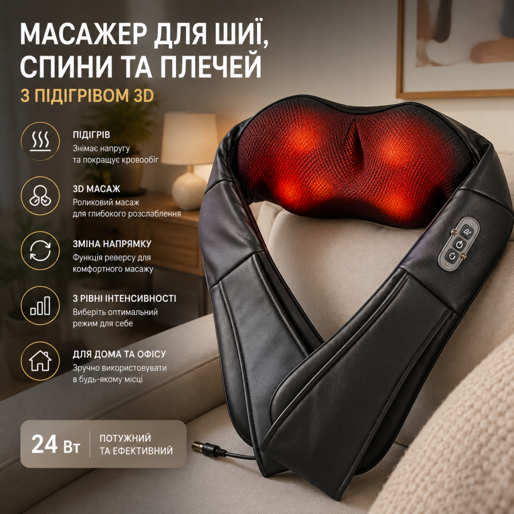 Масажер для шиї, спини та плечей з підігрівом 3D, електричний роликовий масажер для тіла, комір для масажу м'язів, 24 Вт Київ - фото 9