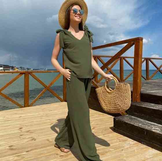 Літній жіночий костюм із широкими штанами "Ясмин" оптом | Норма та батал | Розпродаж моделі Хакі, 50 Київ