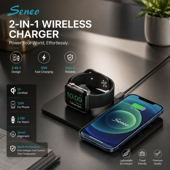 Уцінка Seneo PA150 Бездротовий зарядний пристрій 2-в-1 для смартфона та Apple Watch, Qi 10W, швидка зарядка, Чорний Київ