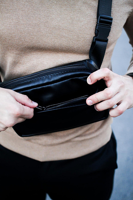 Кроссбоді, бананка із натуральної гладкої шкіри, шкіряна сумка на пояс SKILL (Чорна) Суми - фото 5