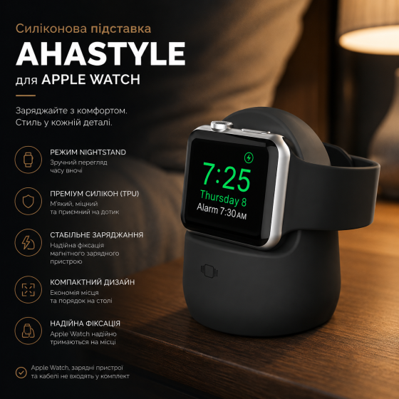 Силіконова підставка AhaStyle для Apple Watch Black | Настільний тримач для заряджання, Nightstand Mode, TPU Київ