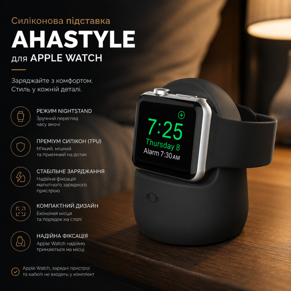 Силіконова підставка AhaStyle для Apple Watch Black | Настільний тримач для заряджання, Nightstand Mode, TPU Київ - фото 6