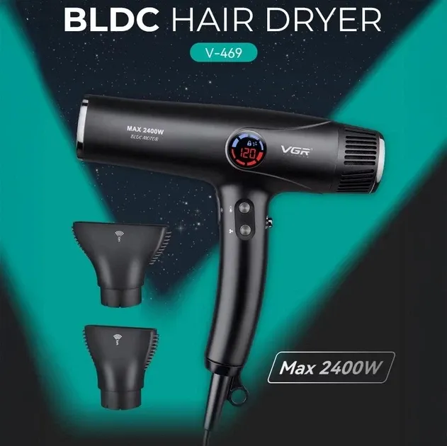 Професійний фен VGR V-469: BLDC 110k об/хв, 2400 Вт, 4 теми / 4 обдування, 2 насадки, кабель 2.5 м Одеса - фото 6