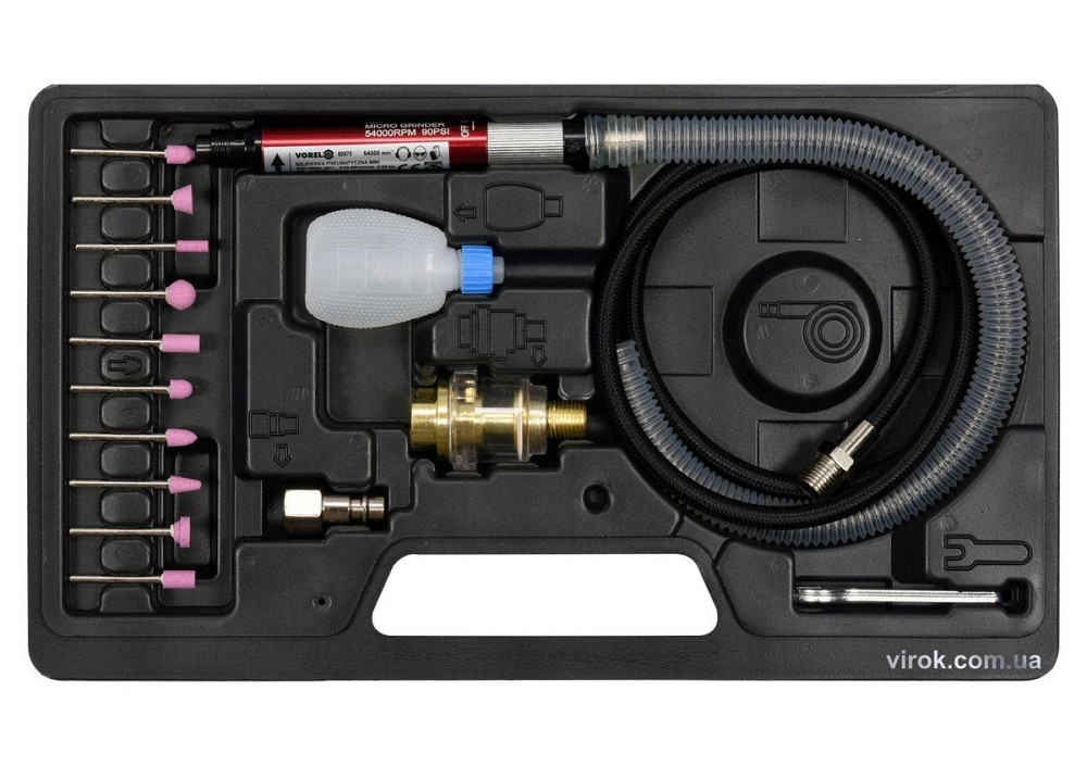 Шліфмашина пневматична VOREL міні, при тиску- 0,63 MPa, сопло Ø=3 мм, з насадками, 16 елем.[10] Одеса - фото 1