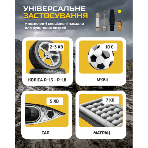 Компресор VOIN VL-620 150psi, 15А, 85л, з прикурювачем, ліхтарем, перехідником та 2 циліндрами Харків