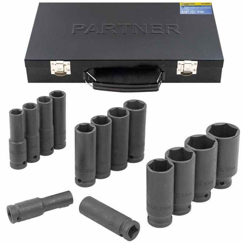 Набір головок ударних глибоких 14пр. 1/2" 6-гранні (11-15, 17-19, 21, 22, 24, 27, 30, 32мм) Partner PA-4141MPB Одеса - фото 1